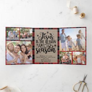 Jesus is the Reason for the Season Photo Plaid Tri-Fold Holiday Card