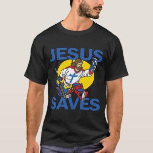Jesus Saves Praise God Hockey Player Funny Religio T-Shirt