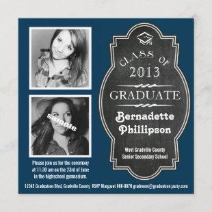 Jewel Tone Blue Chalkboard Double Photo Graduation Invitation