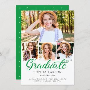 Kelly Green Script 4 Photo Collage Graduation Announcement