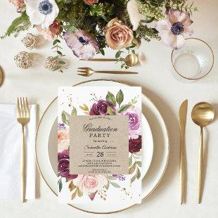 Kraft Moody & Rustic Burgundy Floral Frame & Gold  Invitation