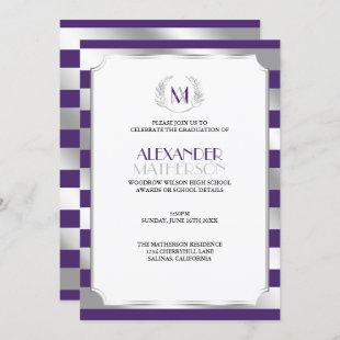 Laurel Monogrammed Purple and Silver Graduation Invitation