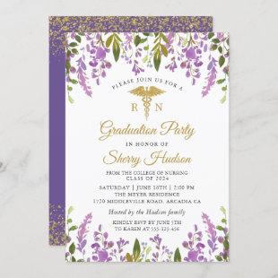 Lavender Purple Floral Gold RN Nursing Graduation Invitation