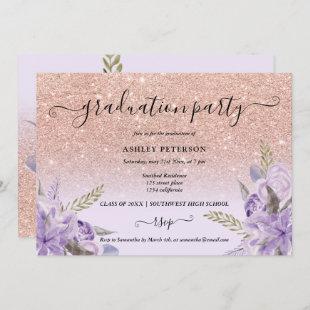 Lavender rose gold floral watercolor graduation invitation