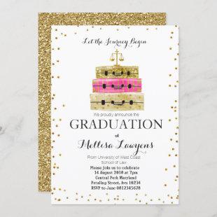 Law Graduation Party Invitation Pink Gold confetti