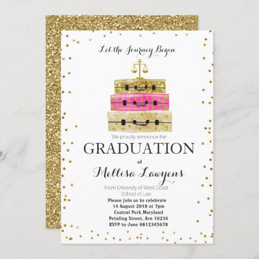 Law Graduation Party Invitation Pink Gold confetti