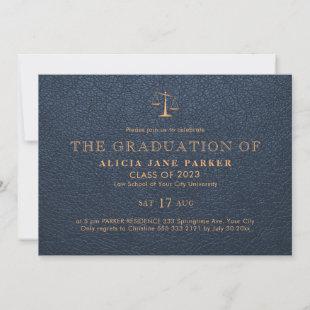 Law school graduation elegant navy gold photo invitation