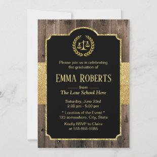 Law School Graduation Elegant Wood Gold Lawyer Invitation