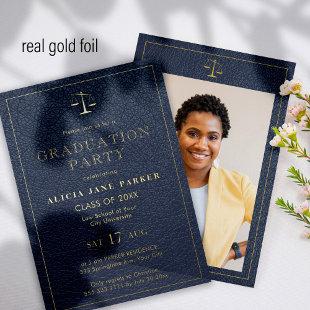 Law school graduation gold glitter elegant photo foil invitation