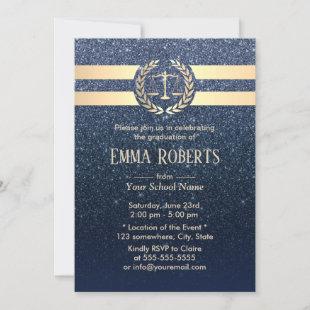 Law School Graduation Modern Navy Blue Glitter Invitation
