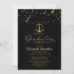 Law School Graduation Party Gold Confetti Black Invitation