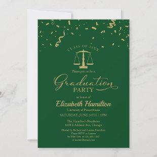 Law School Graduation Party Gold Confetti Green Invitation