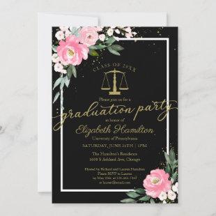 Law School Graduation Party Hot Pink Floral Black Invitation