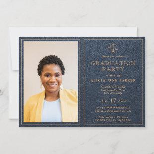 Law school graduation photo elegant navy gold invitation