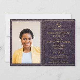Law school graduation photo elegant purple gold invitation