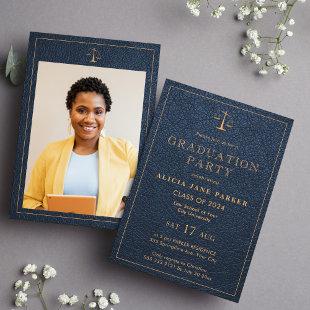 Law school graduation photo navy gold elegant invitation