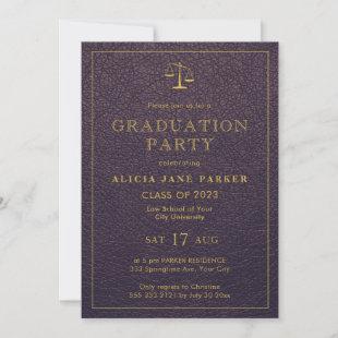 Law school graduation photo purple gold elegant invitation