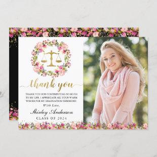 Law School Graduation Pink Gold Floral Grad Photo Thank You Card