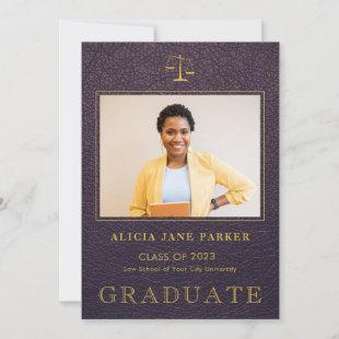 Law school graduation purple gold photo announcement