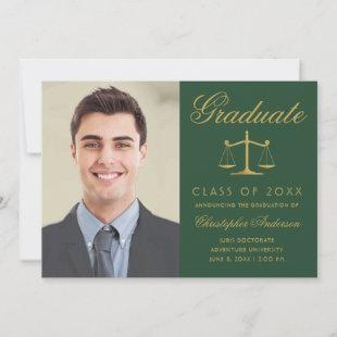 Lawyer Green Gold Script Photo Graduation Announcement
