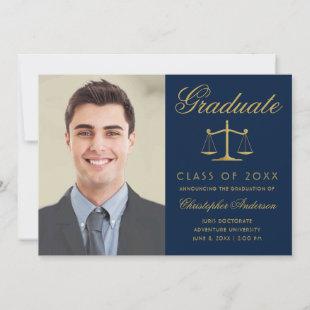 Lawyer Navy Blue Gold Script Photo Graduation Announcement