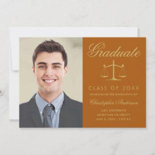 Lawyer Orange Gold Script Photo Graduation Announcement