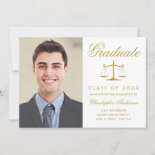 Lawyer White Gold Script Photo Graduation Announcement