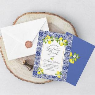 Lemon  and blue mosaic watercolor graduation bran Invitation