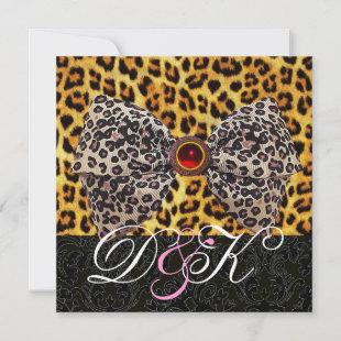 LEOPARD FUR BOW,RED RUBY AND BLACK DAMASK MONOGRAM INVITATION
