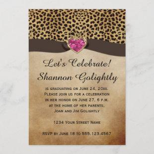 Leopard Print Pink Heart Bling Graduation Party Invitation