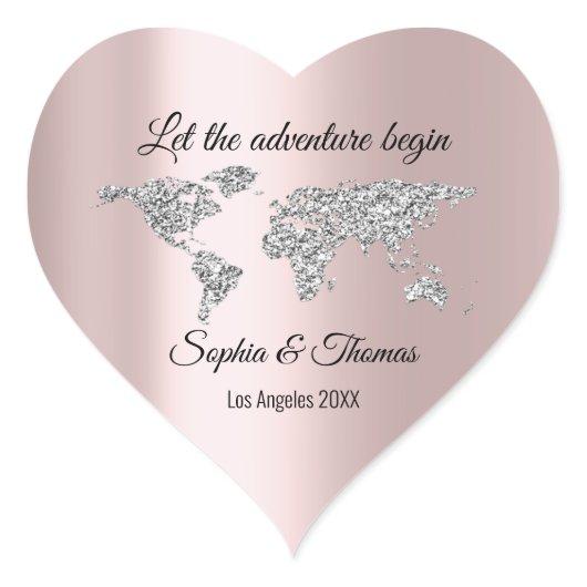 Let The Adventure Begin Wedding  World Rose Gray Heart Sticker