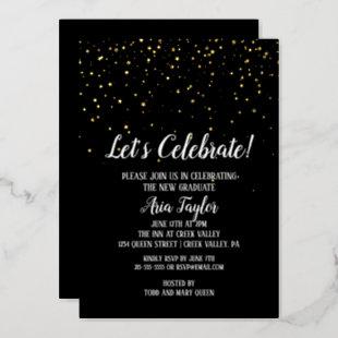 Let's Celebrate Confetti on Black Graduation Gold Foil Invitation