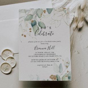 Let's Celebrate Gold Eucalyptus Calligraphy Party  Invitation