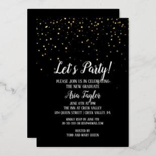 Let's Party Gold Confetti on Black Graduation Gold Foil Invitation