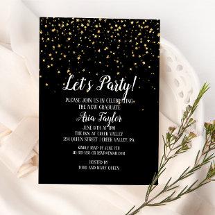 Let's Party Gold Confetti on Black Graduation Invitation