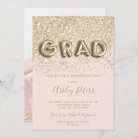 light gold glitter letters blush photo graduation invitation