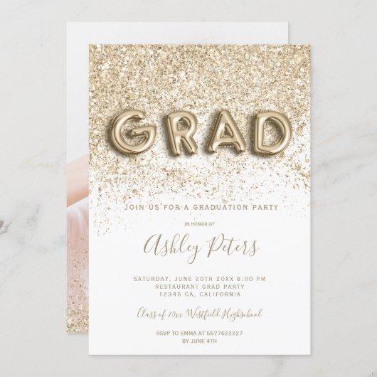 light gold glitter letters pink photo graduation invitation