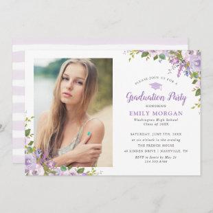 Lilac Floral Photo Graduation Party Invitation