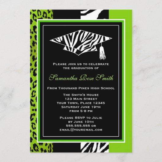 Lime Green Zebra and Leopard Print Graduation Invitation