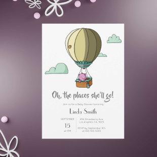 Little Pink Bear in Hot Air Balloon Baby Shower Invitation