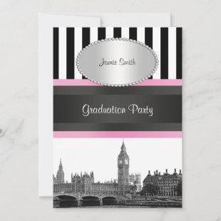 London Skyline BW Blk Wht Strp Pink Graduation Pty Invitation