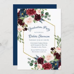 Love Bloom | Rustic Blue Red Floral Graduation Invitation