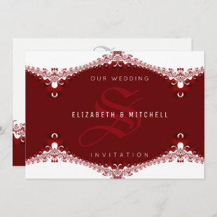 Love is Sweet Red+White Lace Monogram Wedding Invitation