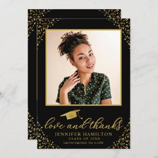 Love & Thanks Graduation Cap Gold Foil On Black Invitation