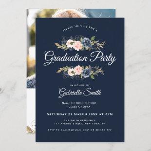 Lovely Navy blue blush floral graduation party Invitation
