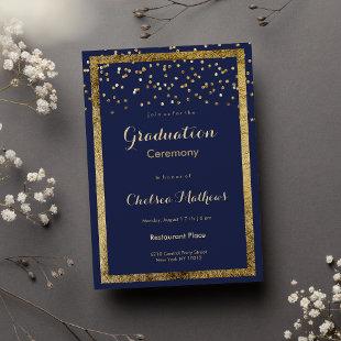 Lush elegant navy blue gold confetti Graduation Invitation
