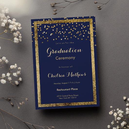 Lush elegant navy blue gold confetti Graduation Invitation
