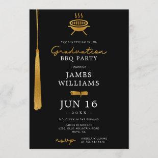 Lux Gold Foil Tassel Graduation BBQ Party Black Invitation