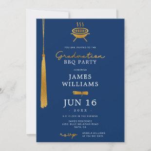 Lux Gold Foil Tassel Graduation BBQ Party Blue Invitation