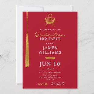 Lux Gold Foil Tassel Graduation BBQ Party Red Invitation